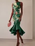 Green Floral Boat Neck Sleeveless Mermaid Midi Dress 