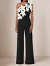 Women Black One Shoulder 3D Floral Wide-Leg Jumpsuit