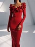 Red Applique Crew Neck Long Sleeve Knee Length Dress