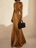 Golden Satin Ruched Turtleneck Long Sleeve Floor Length Dress