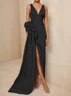 Blue Ruched V Neck Dresses Sleeveless A-Line Gown 