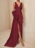 Blue Ruched V Neck Dresses Sleeveless A-Line Gown 