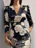 Black Floral Printing V Neck Long Sleeve Midi Dress