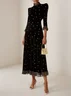 Black Beaded Ruffled Mock Neck Three Quarter Sleeve A-Line Midi Velvet Dress