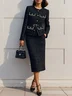 Women Black Beaded Crew Neck Long Sleeve Two-Piece Set