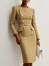 Khaki Buckle Crew Neck Long Sleeve Sheath Midi Tweed Blazer Dress