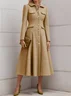 Pink Buckle Tweed Pointed Collar Long Sleeve A-Line Midi Dress