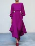 Pink Asymmetric Boat Neck Long Balloon Sleeve A-Line Midi Dress
