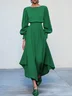 Pink Asymmetric Boat Neck Long Balloon Sleeve A-Line Midi Dress