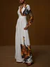 Women Light Khaki Floral V Neck Long Sleeve Wide-Leg Jumpsuit