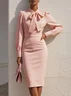 Off White Bow Neck Long Sleeve Sheath Midi Blazer Dress