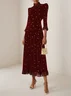Black Beaded Ruffled Mock Neck Three Quarter Sleeve A-Line Maxi Velvet Dress