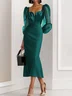 Black Mesh Satin Sweetheart Neckline Long Sleeve Balloon Sleeve Sheath Midi Dress