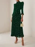 Black Beaded Ruffled Mock Neck Three Quarter Sleeve A-Line Maxi Velvet Dress