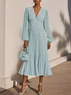 Light Blue Pleated Ruched Balloon Sleeve A-Line Midi Chiffon Dress