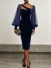 Purplish Blue Mesh Balloon Sleeve Sheath Midi Velvet Dress