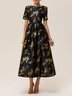 Black Stamped Bronzing Classic Crew Neck Short Sleeve A-Line Midi Dress