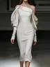 Off White Asymmetric Classic Asymmetrical Long Sleeve Balloon Sleeve Sheath Midi Dress