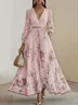 Pink Pleated Printing Chiffon V Neck Long Sleeve Balloon Sleeve A-Line Maxi Dress