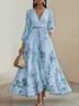 Light Blue Pleated Printing Chiffon V Neck Long Sleeve Balloon Sleeve A-Line Maxi Dress
