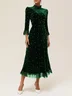 Black Beaded Mock Neck Three Quarter Sleeve A-Line Maxi Velvet Dress