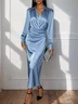 Blue Satin Ruched Shirt Collar Sheath Midi Shirt Dress 