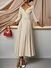 Off White Pleated Ruched Three Quarter Sleeve A-Line Maxi Dress
