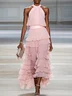 Pink Peplum Chiffon Halter Sleeveless A-Line Maxi Two-piece Dress
