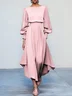 Pink Asymmetric Boat Neck Long Balloon Sleeve A-Line Midi Dress