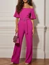 Rose Red Plain Off The Shoulder  Bell Sleeve Jumpsuit With Belt