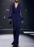 Dark Blue Mesh V Neck Balloon Sleeve Chiffon Wide-Leg Jumpsuit