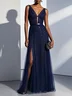 Purplish Blue Mesh Classic V Neck Sleeveless Sheath Maxi Dress