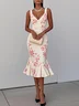 Pink Floral Mermaid Skirt V Neck Sleeveless Mermaid Midi Dress