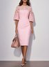 Pink Lace Classic Crew Neck Short Sleeve Balloon Sleeve Sheath Midi Dress