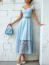Light Blue Lace Classic V Neck Short Sleeve A-Line Midi Dress