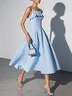 Light Blue Peplum Classic Spaghetti Gallus A-Line Midi Dress