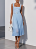 Light Blue Pleated Classic Square Neck Sleeveless A-Line Midi Dress