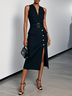 Black Buckle Slit Classic V Neck Sleeveless Sheath Midi Dress