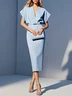 Light Blue Classic V Neck Short Sleeve Dolman Sleeve Sheath Midi Dress