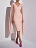 Light Pink Pleated V Neck Sheath Midi Dress