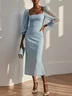Light Blue Chiffon Square Neck Long Balloon Sleeve Sheath Midi Dress