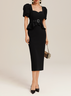 Black Peplum Peplum Sweetheart Neckline Short Sleeve Puff Sleeve Sheath Midi Dress