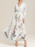 White Pleated Floral Chiffon V Neck Long Sleeve Balloon Sleeve A-Line Maxi Dress