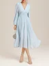 Light Blue Pleated Ruched Balloon Sleeve A-Line Midi Chiffon Dress