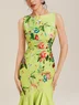 Green Floral Boat Neck Sleeveless Mermaid Midi Dress