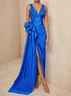 Blue Ruched V Neck Dresses Sleeveless A-Line Gown 