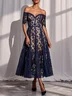 Purplish Blue Lace Off The Shoulder Short Sleeve A-Line Midi Dress