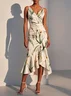 Off White V Neck Floral Mermaid Midi Satin Dress