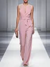 Pink Urban Plain Lace Jumpsuit With Belt