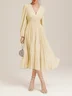 Light Blue Pleated Ruched Balloon Sleeve A-Line Midi Chiffon Dress